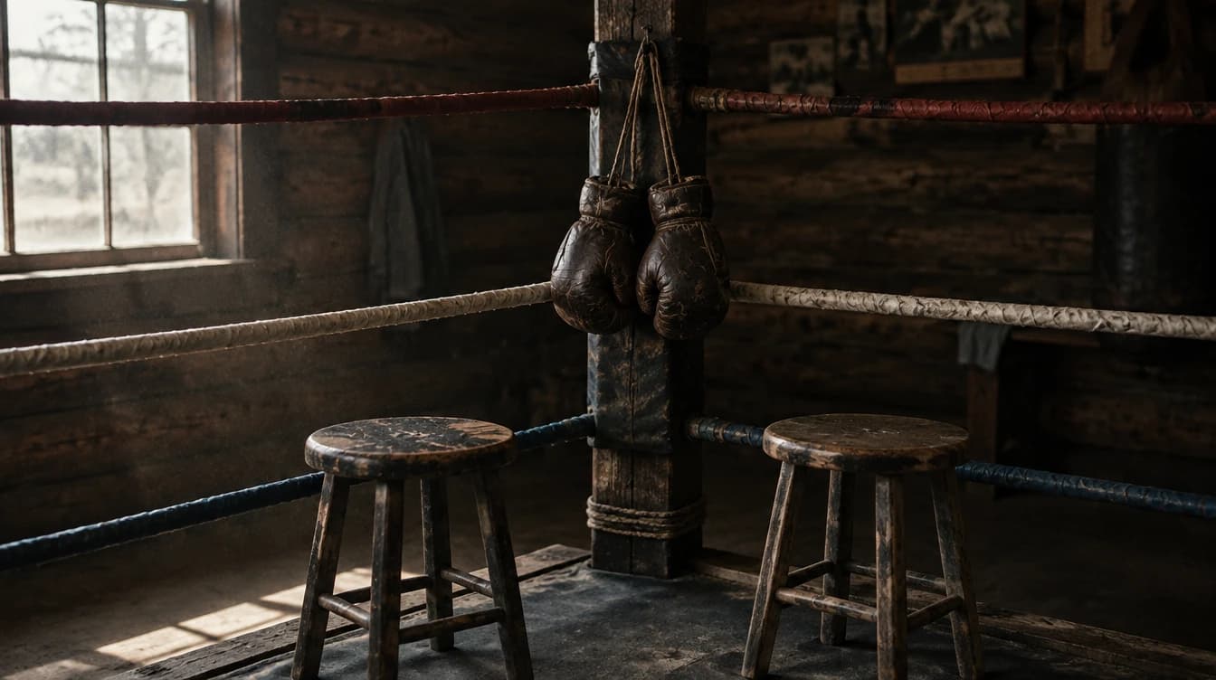 Corner of a boxing ring in a rustic wooden gym: a pair of worn leather boxing gloves hanging from the top rope, two wooden stools in the foreground, and a window with daylight on the left.