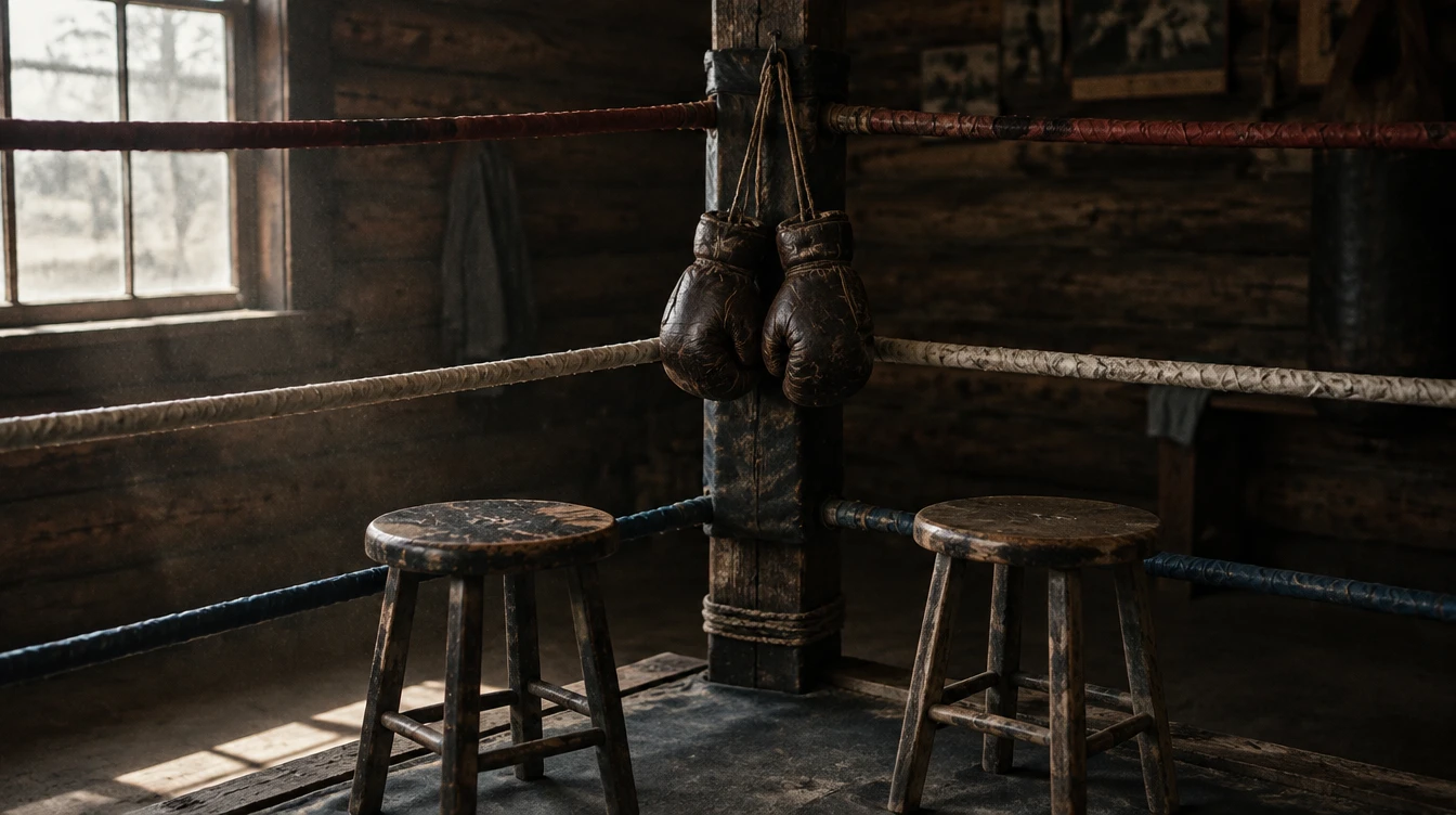 Corner of a boxing ring in a rustic wooden gym: a pair of worn leather boxing gloves hanging from the top rope, two wooden stools in the foreground, and a window with daylight on the left.