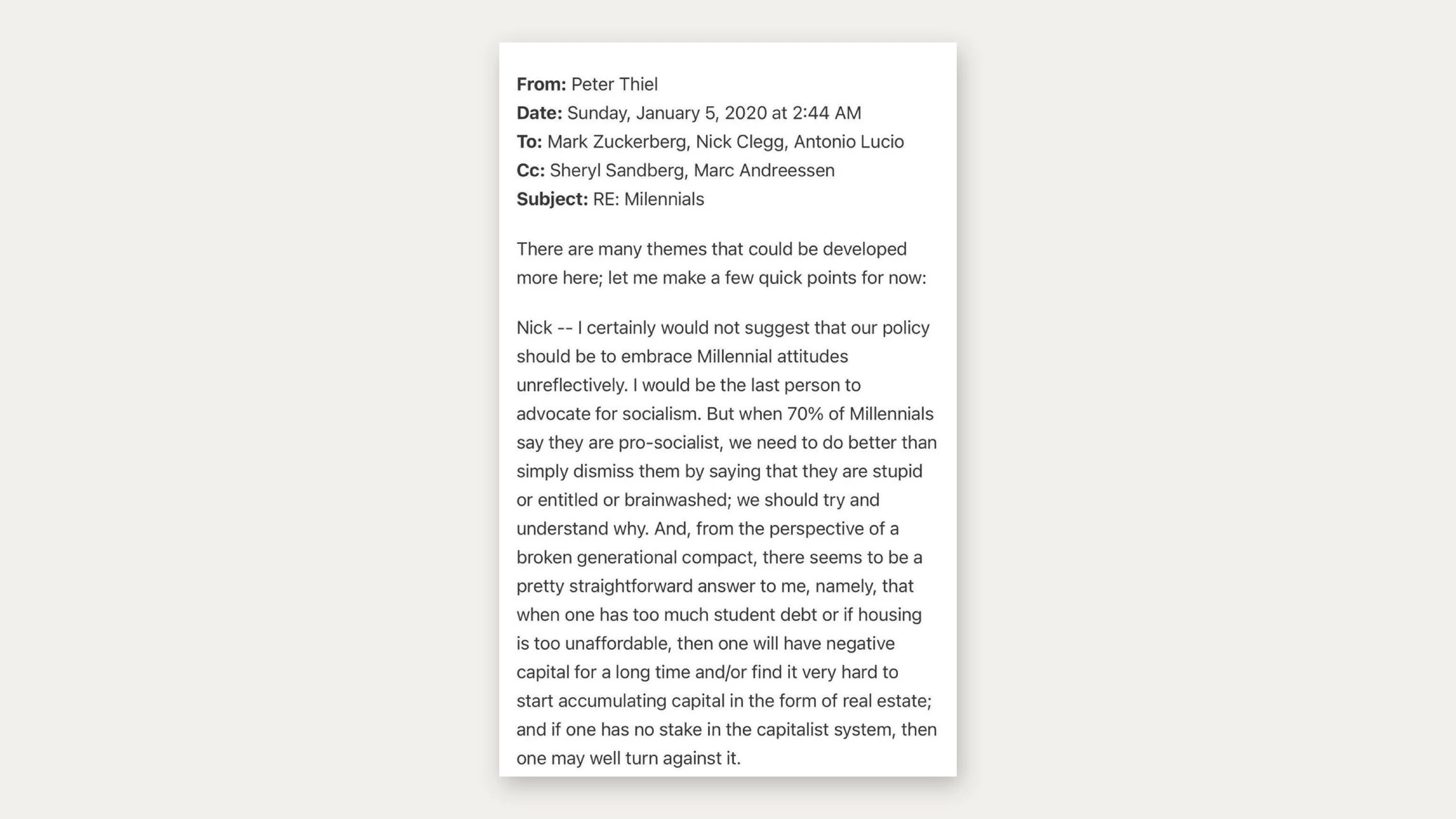 Screenshot of an email from Peter Thiel dated January 5, 2020, subject "RE: Millennials", on a light gray background.